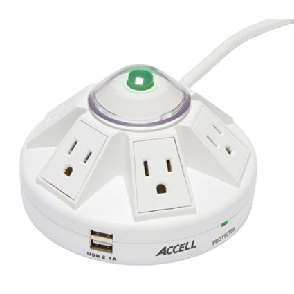 Accell D080B-014K 6 Outlet 5V, 2.1A Powramid Power Center and USB Charging Station, White