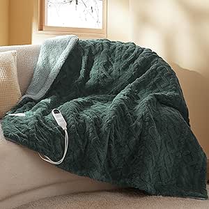 Bedsure Electric Heated Blanket Throw Jacquard Shaggy Sherpa, Fast Heating Electric Blanket with 6 Heating Levels & 3H Auto Shut Off, ETL, Machine Washable (50x60 inches, Dark Green)