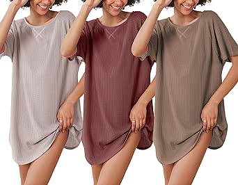 Ekouaer 3 Pack Women's T-shirt Nightgown Waffle Knit Short Sleeve Sleepshirts Casual Cover Ups S-XXXL