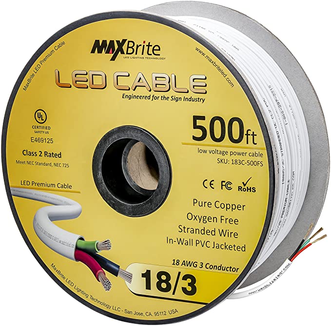 18AWG Low Voltage LED Cable 3 Conductor White Sleeve in-Wall Speaker Wire UL/cUL Class 2 (500 ft Reel)