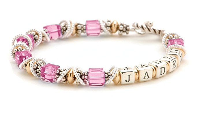 October Pink Crystal Mothers Bracelet - Personalize with Child's Name - Sterling Silver & 14k Gold Filled