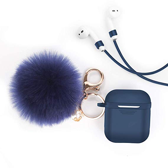 Airpods Case Cover - LEWOTE Airpods Silicone Cute Accessories [Protective Case, Anti-Lost Strap, Fur Ball Keychain] for Apple Airpod 1&2 (Navy)
