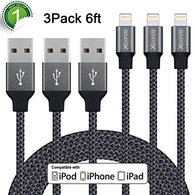 Xcords(TM) 3Pack 6Ft Nylon Braided 8 Pin Lightning to USB Cable Data Syncing Cord Compatible with iPhone 7/ 7 Plus/6/ 6 Plus/ 6s/ 6s Plus /5/5s/5c/SE/iPad/iPod/Beats Pill (Purple&Black)