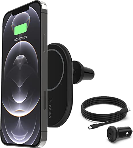 Belkin BoostCharge Wireless Charging Magnetic Car Phone Mount Holder, Compatible with MagSafe Enabled iPhone 13, 12, 11, Pro, Max, Mini, Galaxy S21, Ultra, Plus and More (Cable and Charger Included)