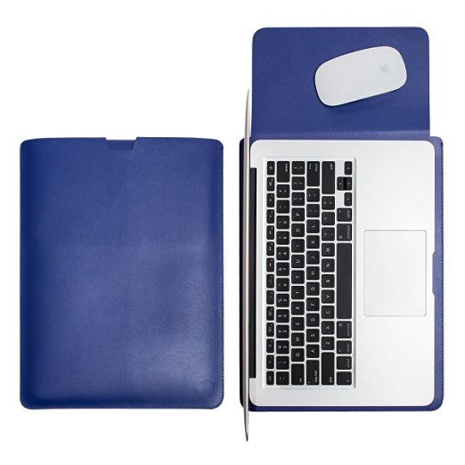 WALNEW Sleek Leather New MacBook Air 12 Inch Protective Soft Sleeve Case Cover Carrying Bag with safe interior and exterior mouse pad, Navyblue