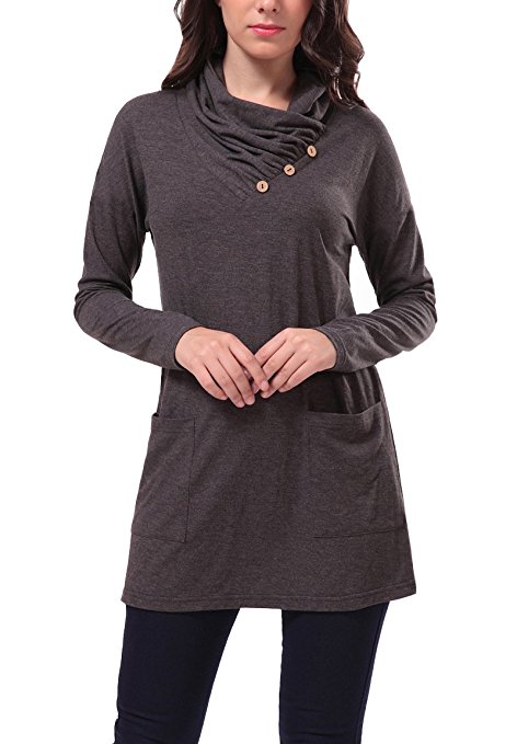 Zattcas Womens Tunic Tops, Button Cowl Neck Long Sleeve Tunic with Pockets