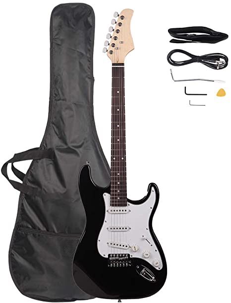 Z ZTDM Full Size 39" Rosewood Fingerboard Electric Guitar with Gigbag Strap Amp Wire Tremolo Arm Cord for Adult Student Beginner Black w/White