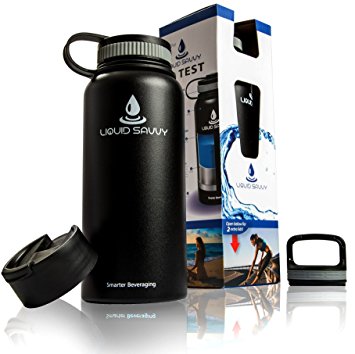 Liquid Savvy 32 oz Insulated Water Bottle with 3 lids - Stainless Steel, Wide Mouth Double Walled Vacuum Insulated Bottle for Hot and Cold Beverages