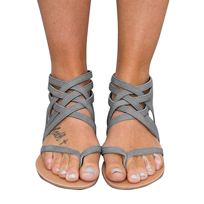 Xiakolaka Womens Cross Strap Sandals Flip Flop Ankle Buckle Gladiator Flat Shoes