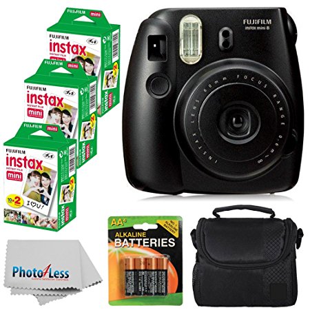 Fujifilm Instax Mini 8 Instant Film Camera (Black) With Fujifilm Instax Mini 6 Pack Instant Film (60 Shots)   Compact Bag Case   Batteries Top Kit - International Version (No Warranty)