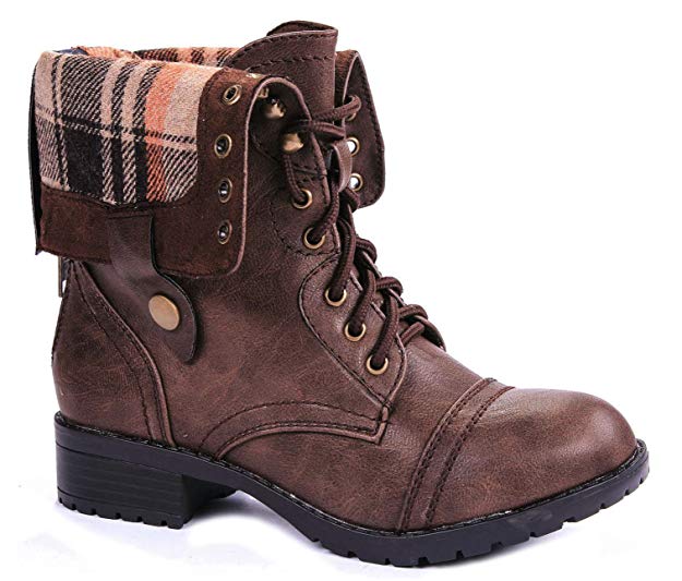 JJF Shoes Women Military Combat Foldable Cuff Faux Leather Plaid/Quilted Back Zipper Lace Up Boots
