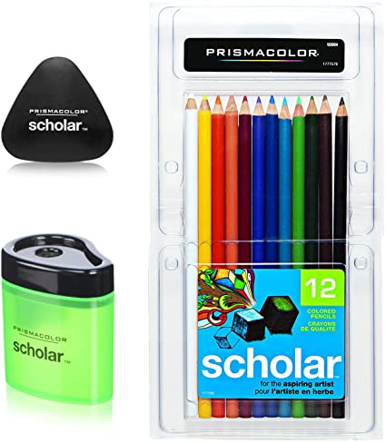 Prismacolor Scholar Colored Pencils, 12-Count,Assorted | Sharpener | Eraser