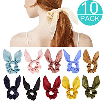 Jugaogao 10 Pack Scrunchies for Hair, Cute Bunny Ear Silk Satin Bow Hair Band Tie for Women and Girls