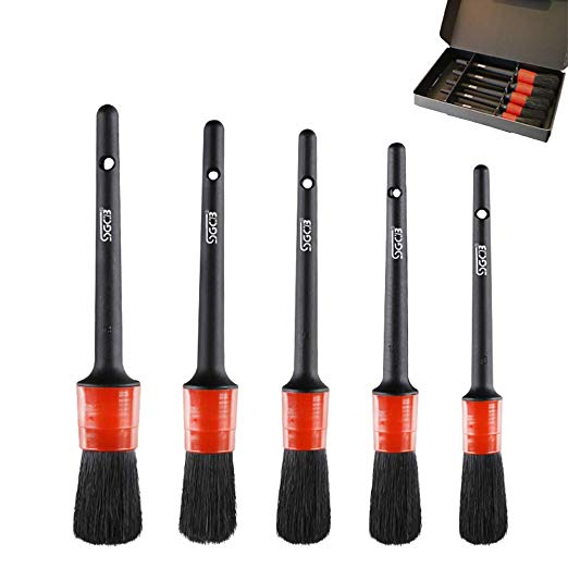 Petift Detailing Brush Set,5 Different Sizes - Premium Natural Boar Hair - Handle Holes for Hanging - No Shed Bristles - for Cleaning Engine,Wheel,Interior,Air Vent, Car,Motorcycle,Exterior,Emblems