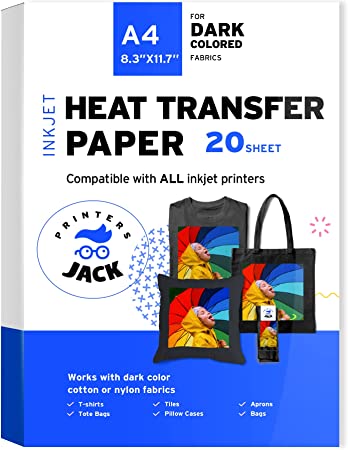 Iron-On Heat Transfer Paper for Dark Fabric 20 Sheets 8.3x11.7" T-Shirt Transfer Paper for Inkjet Printer Wash Durable, Long Lasting Transfer, No Cracking