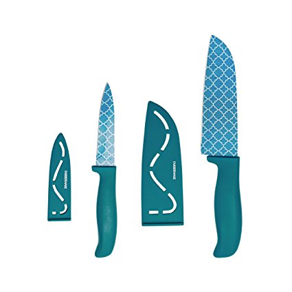 Farberware Resin 4-Piece Paring and Santoku Knife Set, 3.5-Inch and 5-Inch, Teal