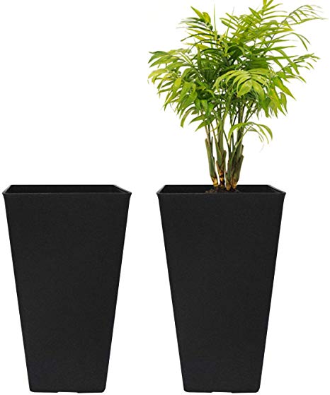 Tall Planters 20 Inch, Flower Pot Pack 2, Patio Deck Indoor Outdoor Garden Tree Resin Planters (Black)