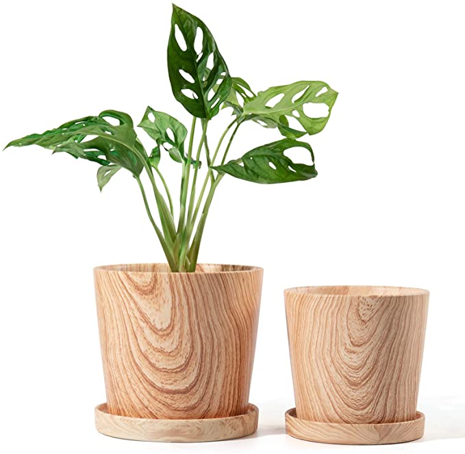 POTEY Plant Pots Indoor Ceramic - 5.7 & 4.8 Inches Medium Garden Flower Planter Planting Decor with Drainage Hole and Saucer - Set of 2, Unglazed, Nature Wood Texture 202121