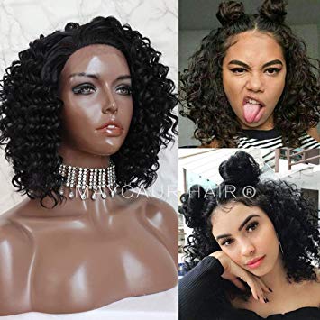 Maycaur Short Kinky Curly Lace Front Wigs With Baby Hair Black Color Glueless Synthetic Lace Front Wigs 180 Density Women's Hair 12 inch