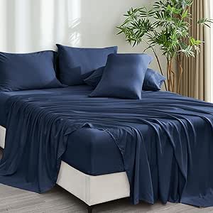 PHF 6PCS Cooling Sheets Set King Size, 100% Rayon Derived from Bamboo for Hot Sleepers Summer, Wider Elastic Band&16 Inch Deep Pockets, Luxury Silky Soft Breathable Bedding Set&Pillowcases, Navy Blue