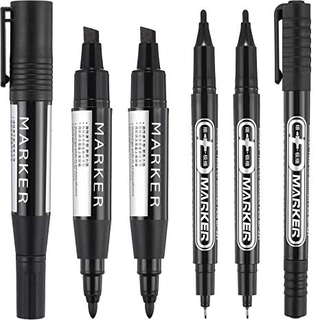 6 Pieces Permanent Markers, Different Sizes Double-Ended Permanent Marker Pen, Ultra Fine Tip, Fine Tip and Chisel Tip (Black)