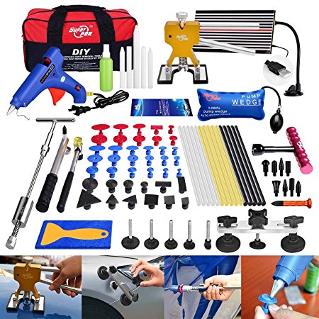 FLY5D 74 Pcs Car Body Paintless Repair Removal Tools Automotive Door Ding Dent Silde Hammer Glue Puller Repair Starter Set Kits For Car Hail Damage And Door Dings Repair