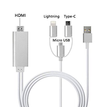 Lighting/ Type-C/ Micro USB to HDMI Cable, Mirroring Cellphone Screen to TV/Projector/Monitor Adapter Cable with 1080P Resolution for IOS and Android devices(Silver)