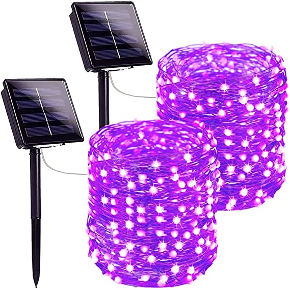 Purple Extra-Long Solar Halloween Lights Outdoor, 2-Pack Each 72FT 200 LED Solar String Lights, Super Bright 8 Modes Solar Outdoor Halloween Decorations for Tree Garden Patio Party (Purple)