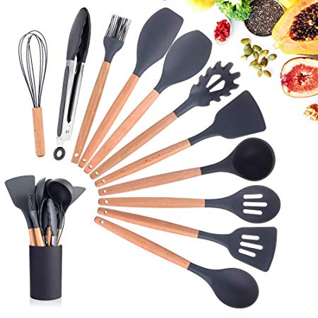 Silicone Kitchen Utensils Set,11 1 Pcs Silicone Cooking Utensils Spatula Utensil Set,Heat-Resistant,Non-Stickc,Safe Food Grade Silicone with Premium Wood Handles