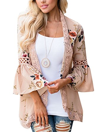 Yonala Women's Boho Lace Patchwork Floral Print Coat Tops Casual Kimono Cardigans