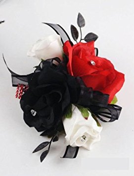 Wrist Corsage - Black, White and Red Roses