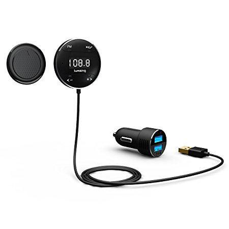 Lumsing Bluetooth 4.0 Hands-Free Car Kit Wireless Calling Streaming Dongle LCD FM Transmitter Adapter 10W Dual USB Charger Mounts with Microphone