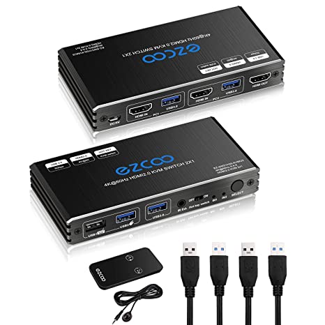 HDMI KVM Switch USB 3.0 2 Ports with Hotkey 4K 60Hz Share 2 Computers with one Keyboard Mous HDR D-olby Vision HDCP2.2 Remote Control Wireless Keyboard and Mouse Connections USB3.0 Cable Included