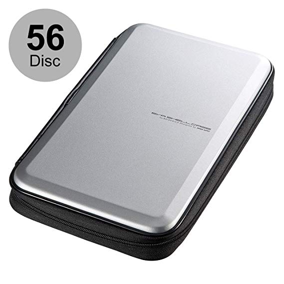 SANWA (Japan Brand) 56 Capacity CD Case, Portable DVD/VCD Storage, EVA Protective Blu-ray Wallet, Binder, Holder, Booklet for Car, Home, Office, Travel (Silver)