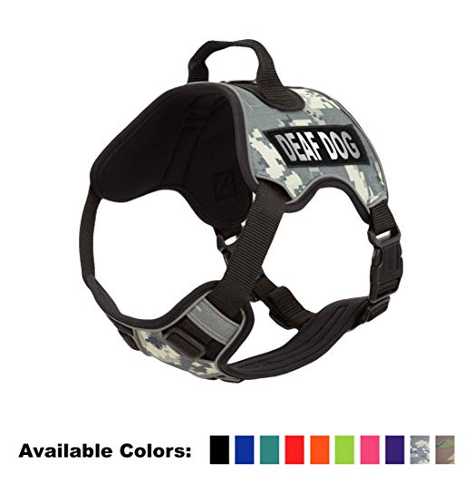 Dogline Quest No-Pull Dog Harness with Deaf Dog Reflective Removable Patches Reflective Soft Comfortable Dog Vest with Quick Release Dual Buckles Black Hardware and Handle
