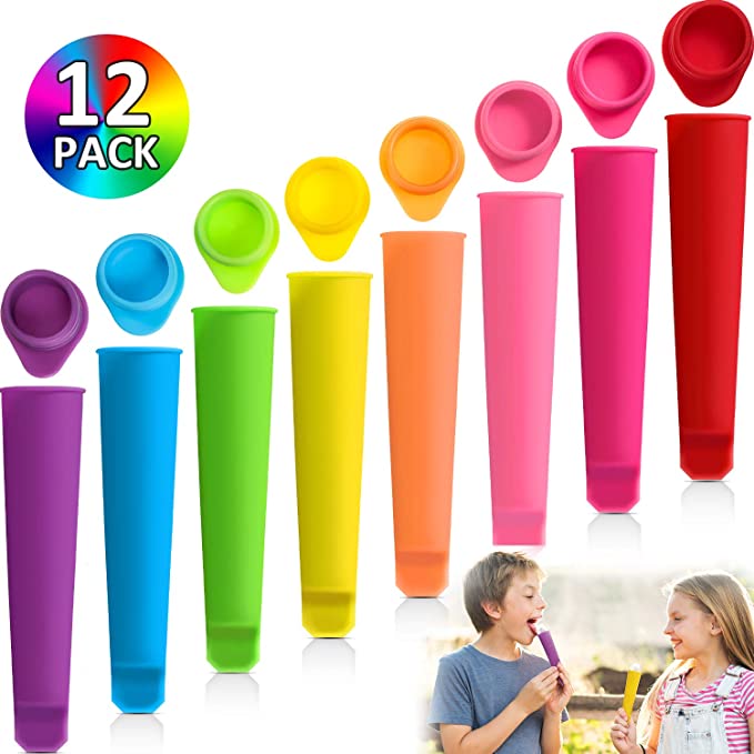 Silicone Ice Pop Molds with Lids Colorful Popsicle Molds Ice Freeze Pop Molds Bags Hand-Held Reusable DIY Ice Cream Molds with Lid (Mixed Color, 12 Pieces)