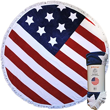 Mimosa Inc Round Beach Towel Ultra Plush 100% Cotton Terry Velour Throw Mat with Thick Artisan Tassels, 5ft, Patriot
