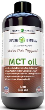 Amazing Nutrition Amazing Formula Mct Oil - Pure Medium Chain Triglycerides, Easily To Digest & Rapidly Absorbed - Supports Cardiovascular Health, Healthy Metabolism, Energy Production, Healthy Weight Management, Promotes Brain & Immune Health - Best All Natural Vegan Oil Supplement - 32 Oz (946 Ml) Bottle