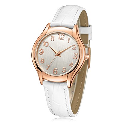 Women's Wrist Watch Stylish Simple Rose Gold Casual Analog Watches with Genuine White Leather Band