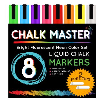 Chalkmaster® Liquid Chalk Markers - 8 Color Bright Neon Liquid Chalk Premium Artist Quality Marker Pen Set + 2 FREE Additional 6 mm Reversible Chisel to Bullet Point Tips - 100% Satisfaction Guarantee