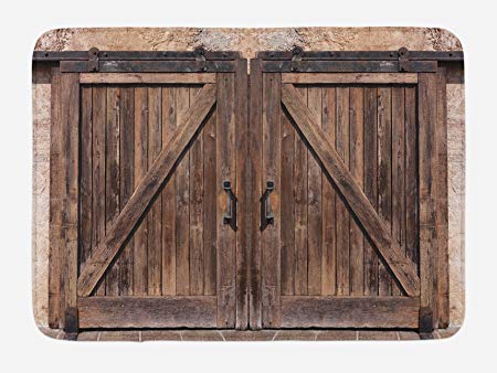 Ambesonne Rustic Bath Mat, Wooden Barn Door in Stone Farmhouse Image Vintage Desgin Rural Art Architecture Print, Plush Bathroom Decor Mat with Non Slip Backing, 29.5 W X 17.5 L Inches, Beige