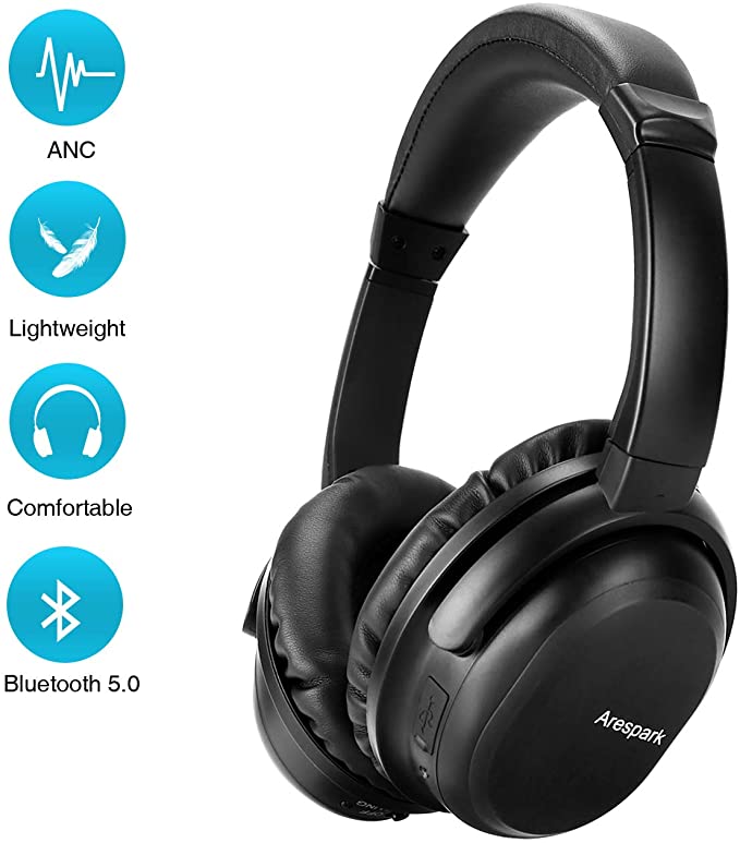 Bluetooth Headphones, Arespark Active Noise Canceling Headphones with Mic, Bluetooth 5.0 Hi-Fi Stereo Sound Wireless Headphone, Comfortable Memory Foam, Over Ear Headset for Travel/Work (AP-22,Black)