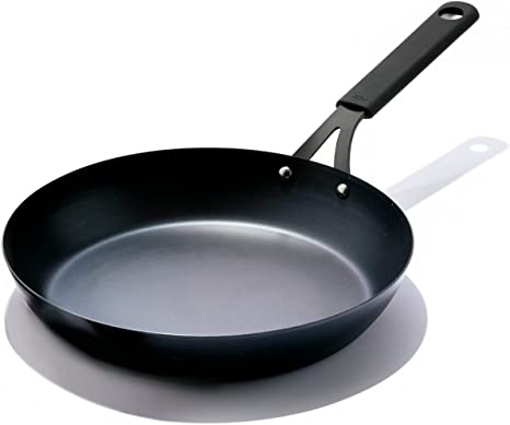 OXO Obsidian Pre-Seasoned Carbon Steel Induction Safe 12" Frying Pan/Skillet with Silicone Sleeve, Black