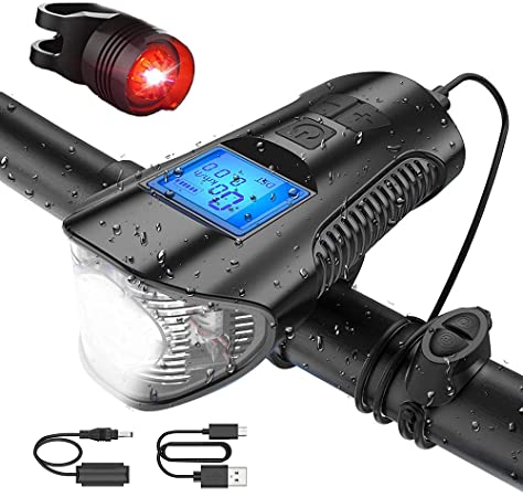 Bike Lights Super Bright Bike Front Light USB Rechargeable Bike Tail Light and Waterproof Light Set Cycle Headlight with Bicycle Speedometer Odometer Fits Mountain Climbing Camping Fishing