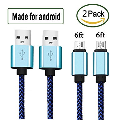 Micro USB Cable, 2Pack 6FT/2M Nylon Braided Data Sync Charger Cord High Speed Tangle-free with Aluminum Connector for Android Samsung HTC Motorola LG Sony Blackberry Smartphones Tablets (blue)