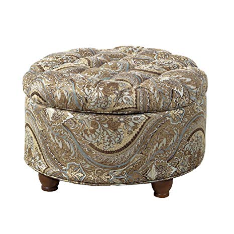 HomePop Button Tufted Round Storage Ottoman, Brown and Teal Paisley