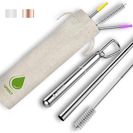 UPMCT Reusable Metal Straws Set of 3, 1Pcs Collapsible Metal Straws with Case, 2Pcs 10.5 Inches Ultra Long Reusable Drinking Stainless Steel Straws, Include Straw Cleaning Brush Silicone Tips (Silver)