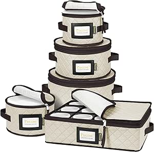 BALEINE China Storage Containers, Sturdy Quilted Wine Glass Storage, Plate Organizer with Carry Handles, Moving Boxes for Dishes, Cups, Mugs and Stemware (Plate Mug Combo, Soft Shell Cream)