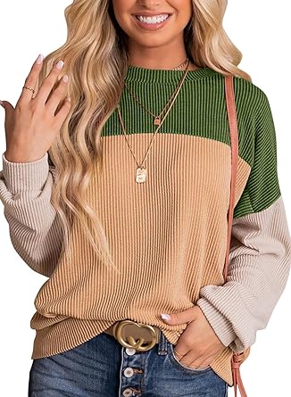 Dokotoo Womens Fashion 2024 Color Block Long Sleeve Crewneck Knitted Casual Loose Pullover Shirts Tops