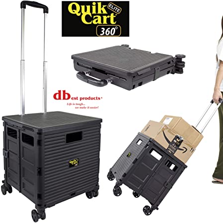 dbest products Quik Cart Elite 360 Four Wheeled Rolling Crate Teacher Utility with seat Heavy Duty Collapsible Basket with Handle, Black